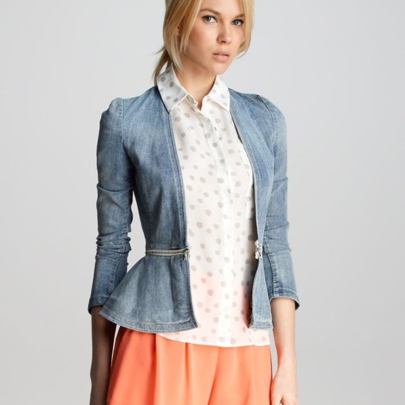 Rebecca Taylor Jackets & Blazers - Rebecca Taylor Womens Denim Peplum Blazer Jacket Long Sleeve Cotton Blend Size 0